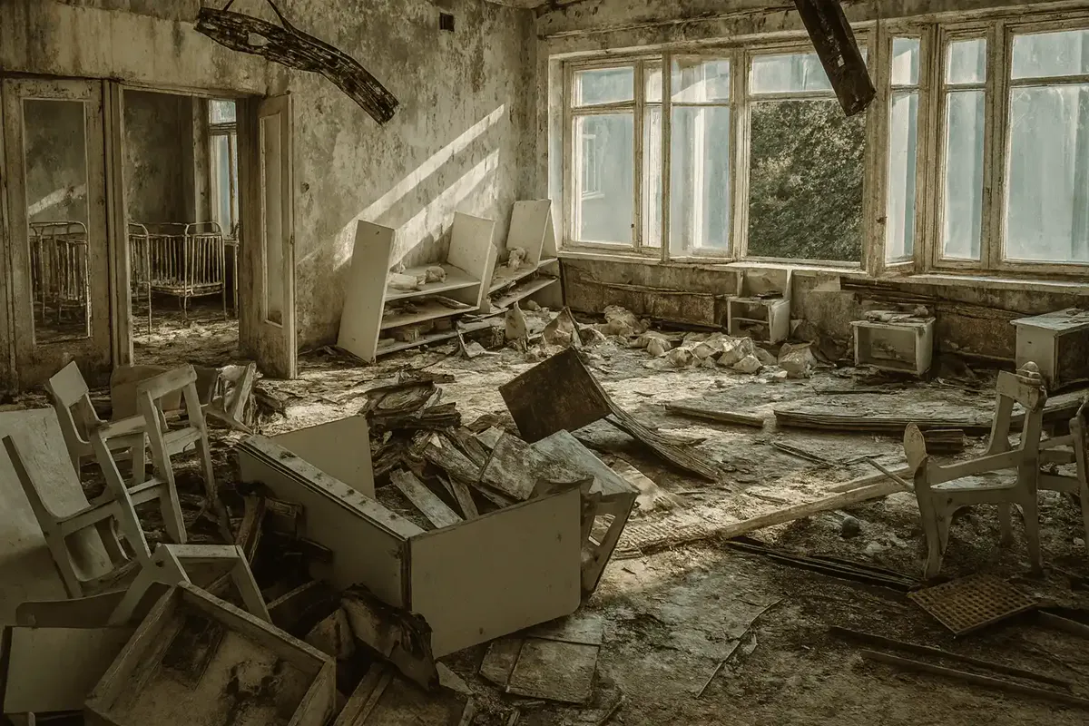 Pièce encombrée de mobilier et de débris, illustration